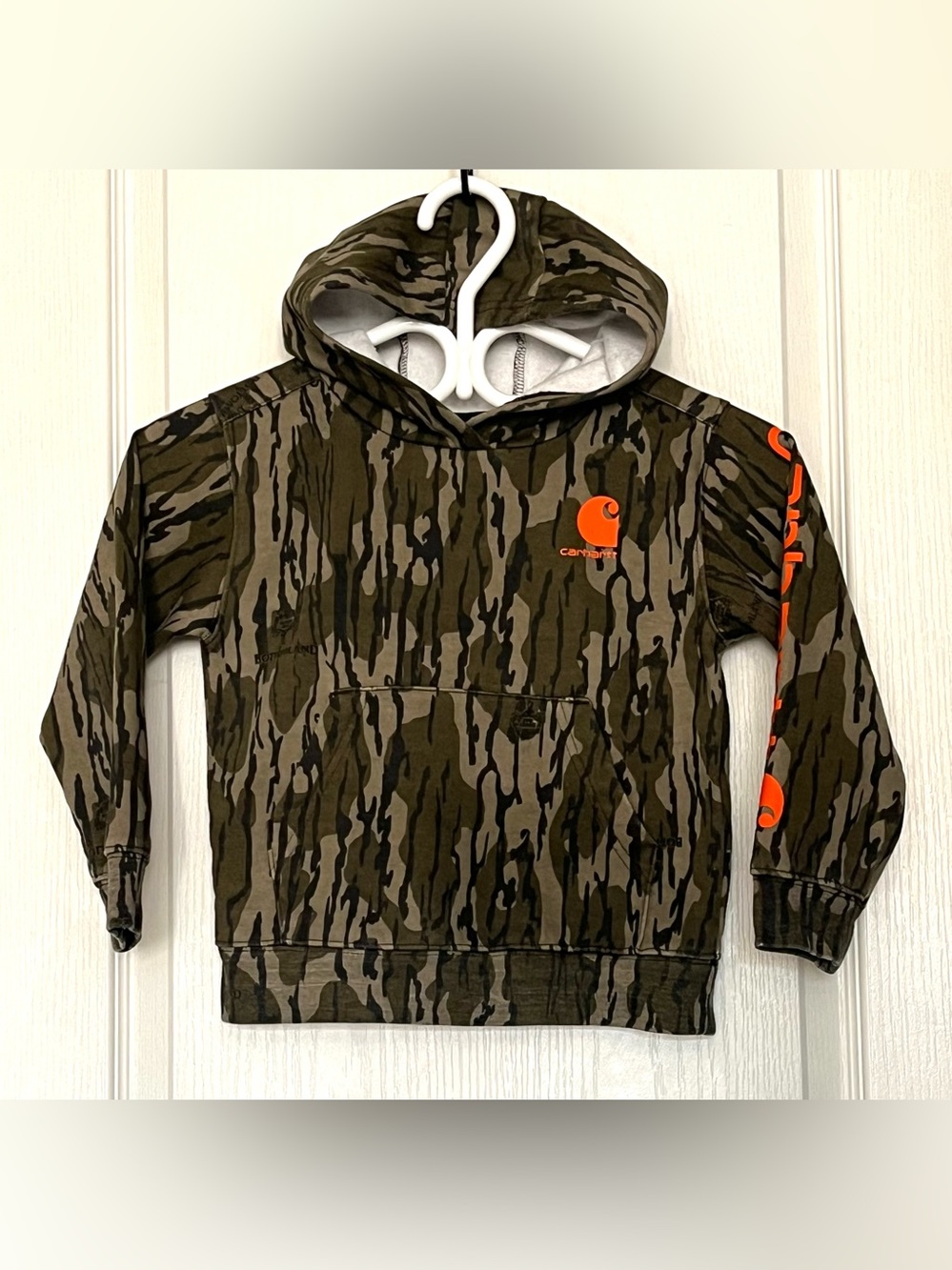 Carhartt Boys Hoodie 4T Green Camouflage Fleece Orange Logo Sleeve Hit TS6295-B